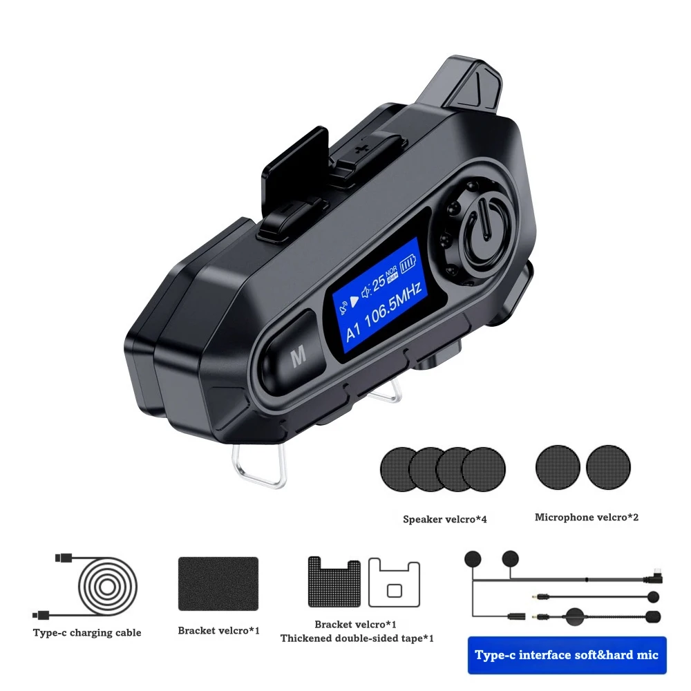 Helmet Bluetooth Headset with LED Display 500m Intercom FM Radio Noise Cancelling Earphones for Motorcycle Riding and Skiing