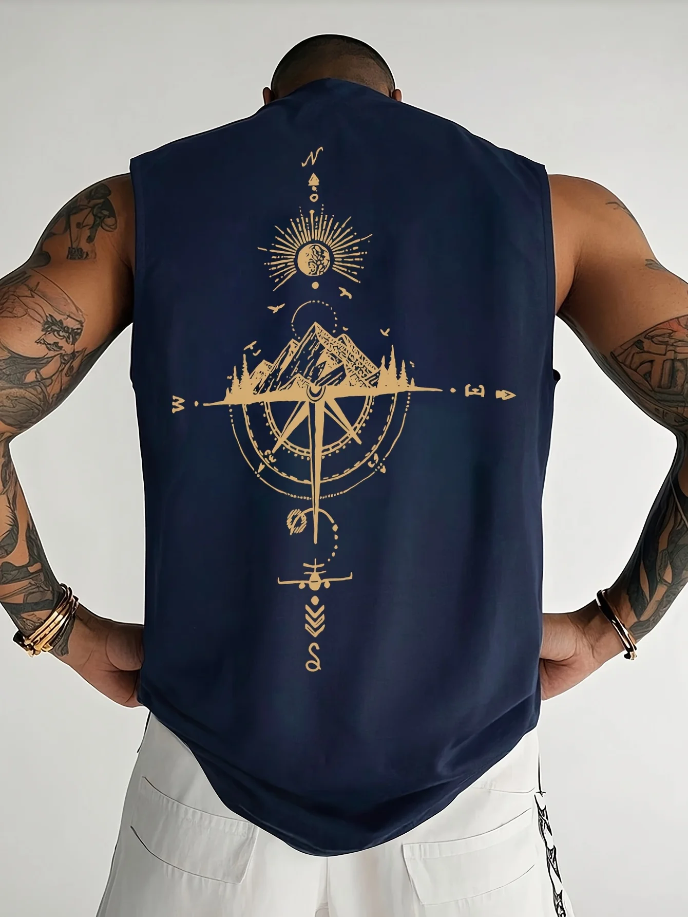 Summer 100% Pure Cotton Men's Fashion Casual Loose Compass and Mountain Pattern Print Fitness Sports Sleeveless Vest