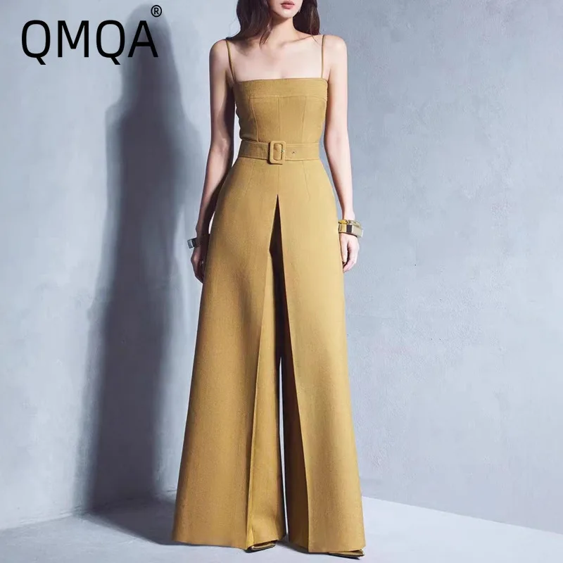 

QMQA Fashion Women's Elegant Simple Solid Color Strap Jumpsuit High Waist Spliced Belt Wide-Leg Long Pants 2025 Female New QM788