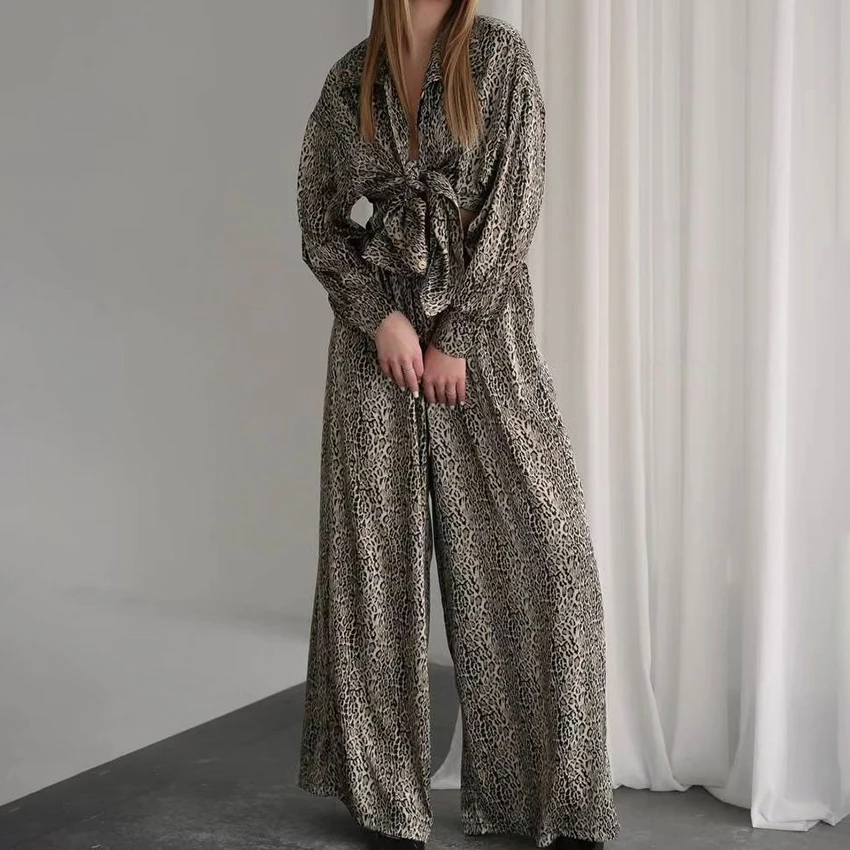 

Hiloc Vintage Leopard Print Long Pants Suits Home Loose Long Sleeve Pajama Casual Button Up Tops And High Waist Trousers 2 Piece