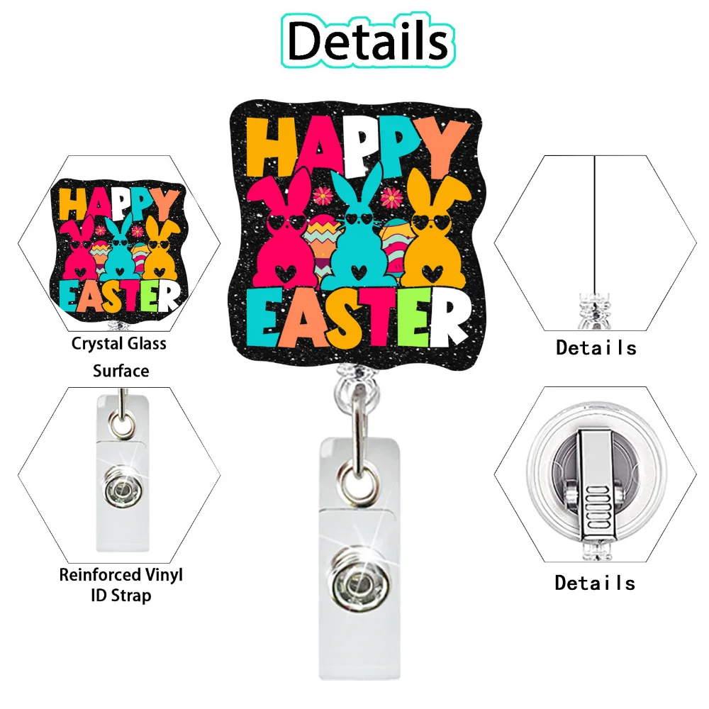 Acrylic Easter Bunny Badge Reel Retractable Id Badge Holder With 360 Rotating Alligator Clip For Nurse Doctor Teacher Student