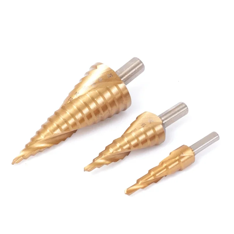 3 unids/set4-32mm broca escalonada con forma de Pagoda recubierta de titanio HSS cono de agujero de vástago triangular