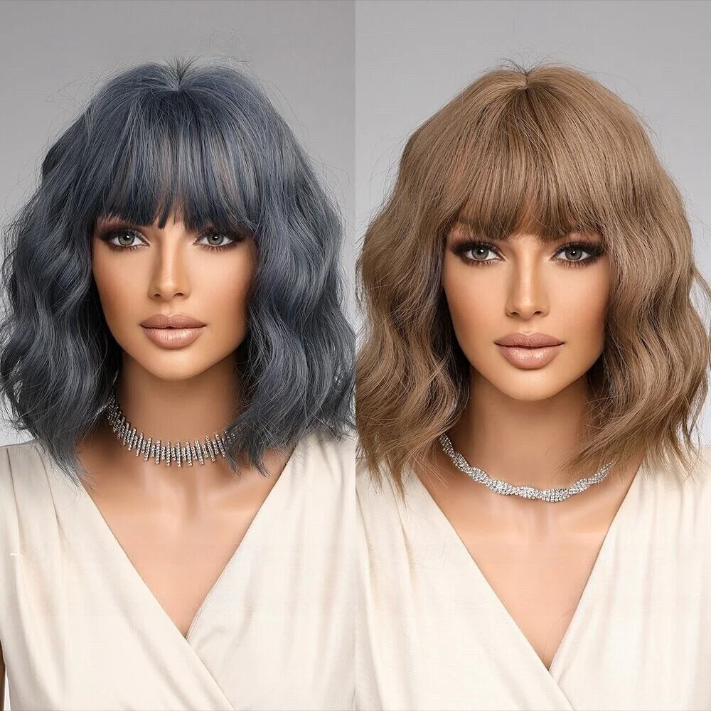 Woman blue brown short hair with bangs bobo synthetic breathable wig Synthetic