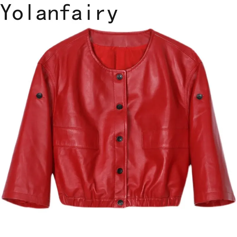 

YOLANFAIRY Women 2026 Autumn Red Genuine Sheepskin Leather Jacket Round Neck Korean Cropped Short Real Leather Coat Half Sleeve