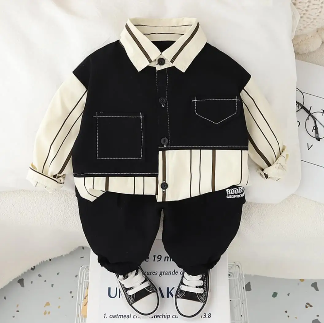 Boys Autumn Outfits 6 To 12 Months Children Baby Clothing Stripe Patchwork Long Sleeve Shirts And Pants Casual Kids Tracksuits