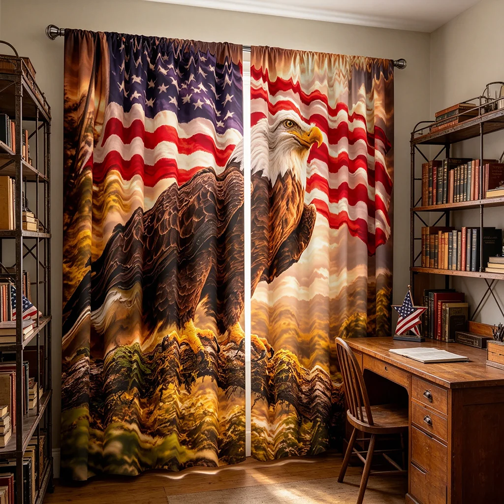 2PCS Independence Day Flag Eagle Pattern Printed Curtain with Rod Bag Design, Suitable for Bedroom and Living Room