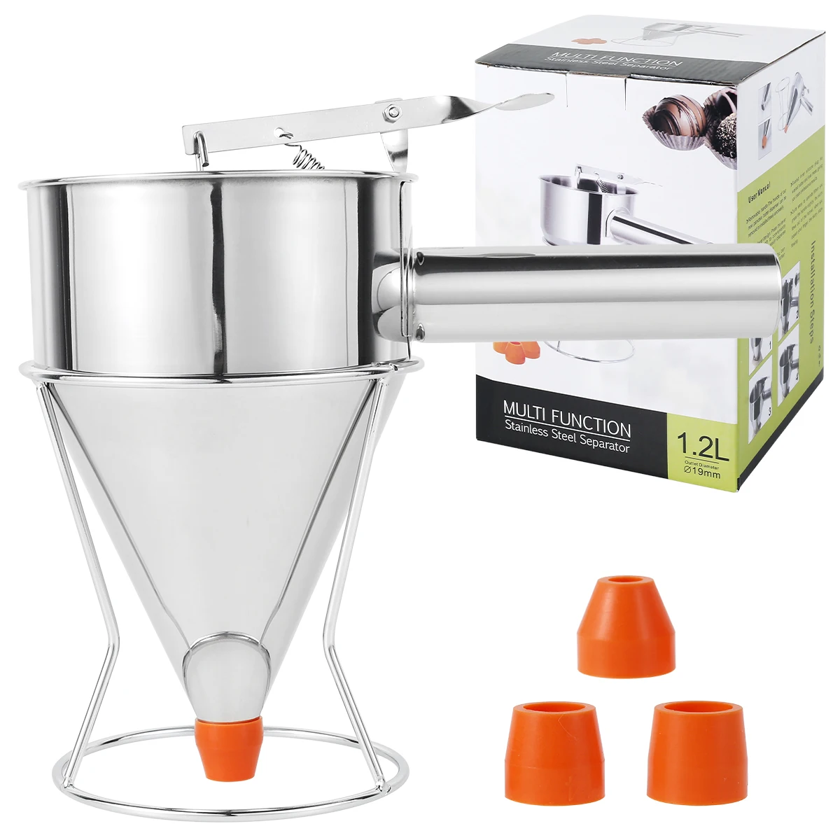 Hand-held Stainless Steel Funnel Dispenser Cup Shape Dispense Pouring Tool with Rack Cupcake Pancake Batter Maker Cake Dispenser