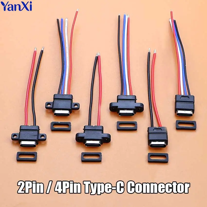 1/5pcs USB Type C Waterproof Connector 2 4 Pin Solder Wire Type-C Female Socket 3A Charging Port USB-C Extension Power Cable