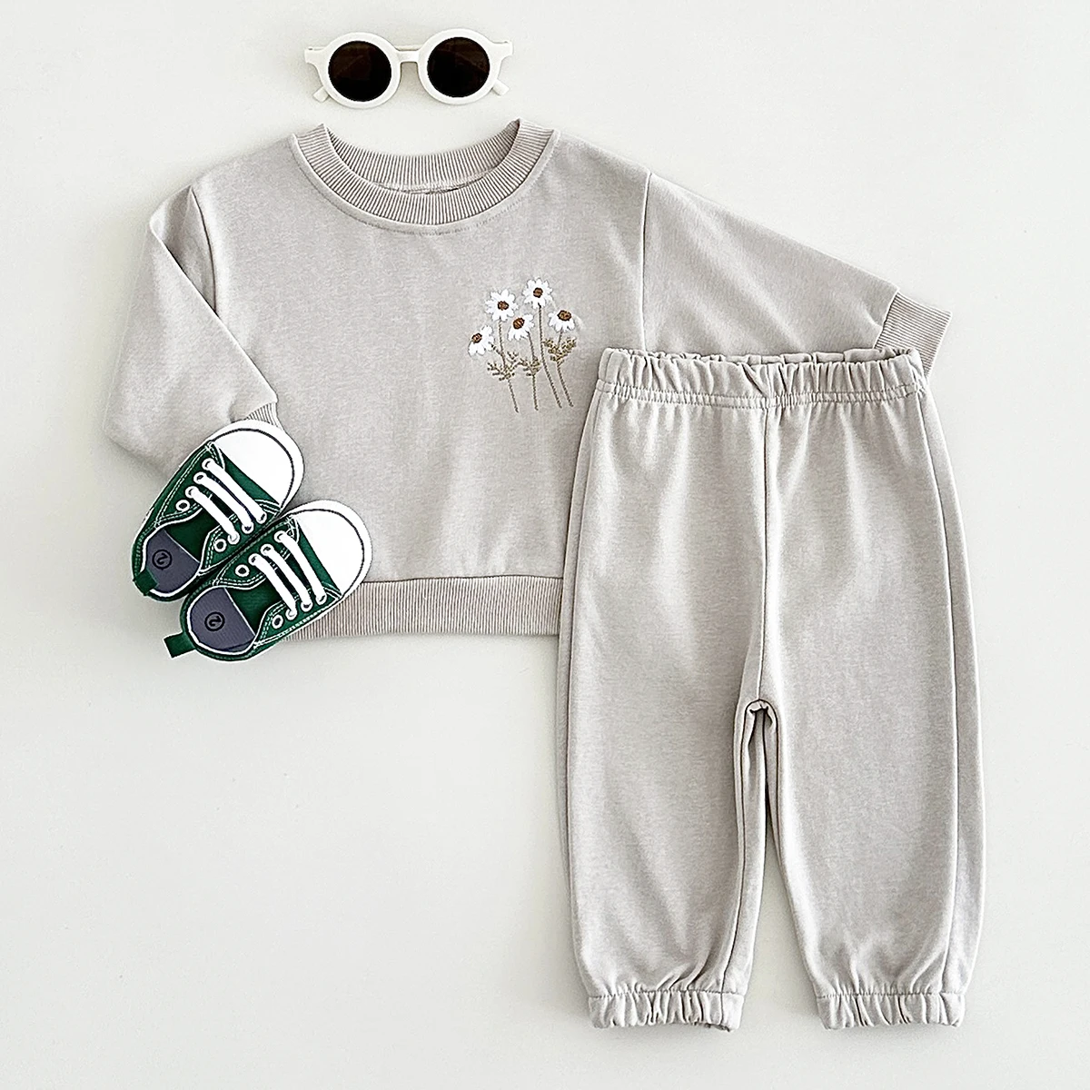 New Boys Girls Infant Baby Clothes Newborn Baby Long Sleeve Sweater Wool Daisy Embroidery Top+Solid Color Pants Kids Clothes