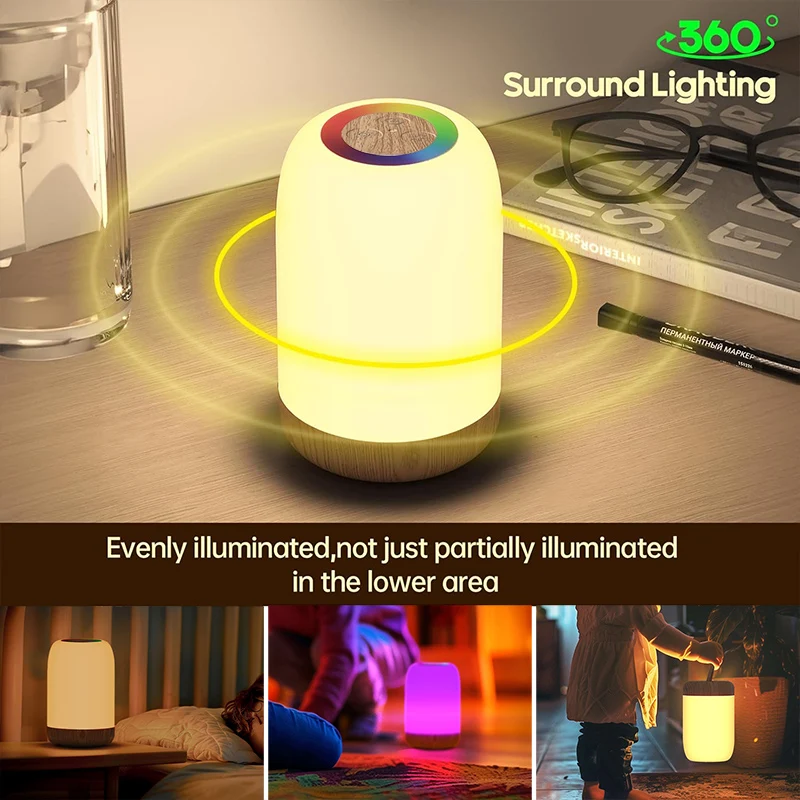 LED Touch Lamp with Dimmable RGB Colour,Wood Grain Table Lamp Timing Function,USB Rechargeable Night Light,for Bedroom Kids Deco