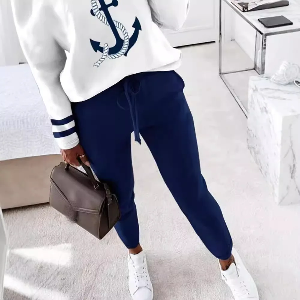 2PCS Anchor Print Striped Skew Neck Top & Stretchy Waistband Pants Set Women Autumn Winter