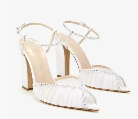 

Elegant Women White Apricot Solid Lace Mesh Pointed Peep Toe Square Heels Wedding Shoes Ankle Buckle Strap Summer Sandals Pumps