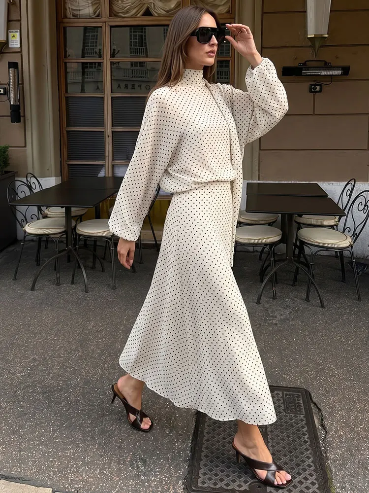 HH Women Polka Dot 2 Piece Sets Long Sleeve Bow Tie Shirt Turtleneck Blouse High Waist Midi Skirts Casual Vacation Beach Outfits