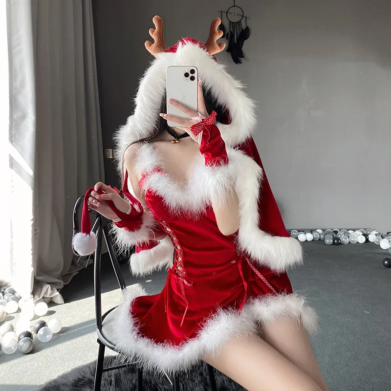 Nowa świąteczna wieczorowa koronkowa czerwona aksamitna sukienka stroje Cosplay kobiety Xmas święty mikołaj jednolity kostium