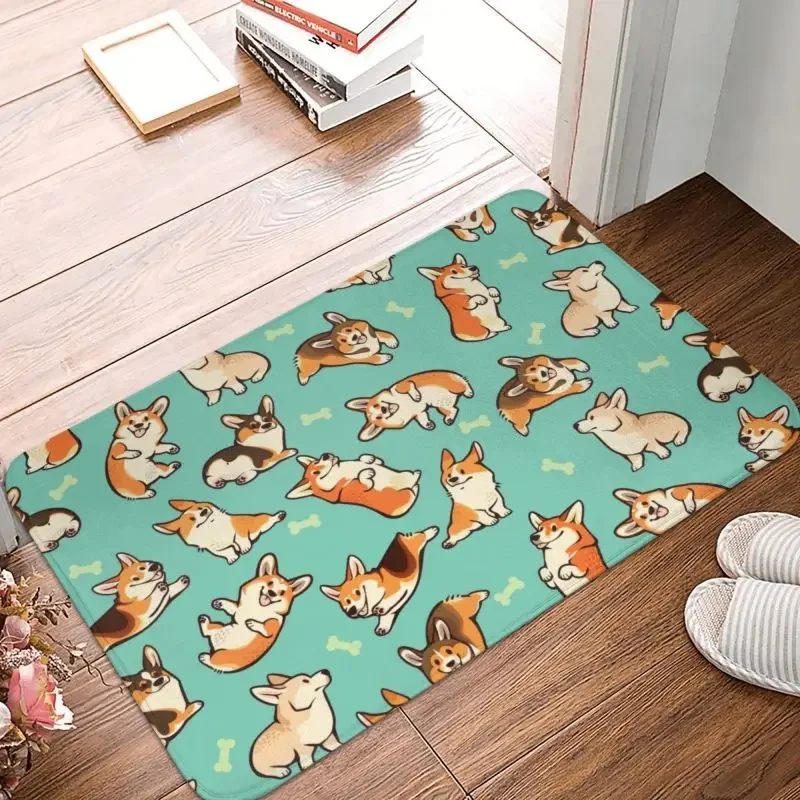 Jolly Corgis In Green Doormat Non-Slip Entrance Kitchen Bath Floor Door Mat Pembroke Welsh Corgi Dog Bedroom Rug Toilet Carpet