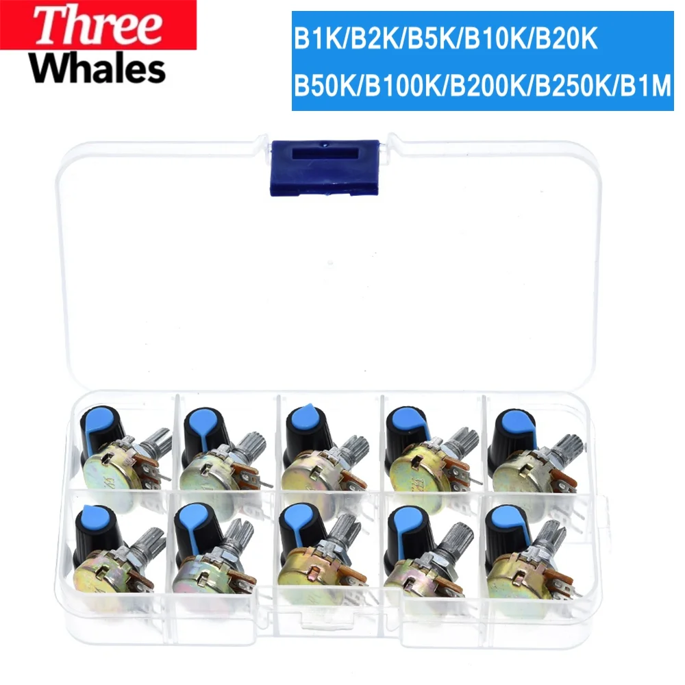 WH148 Potentiometer Kit TRH 1K 2K 5K 10K 20K 50K 100K 250K 500K 1M 15mm Linear Taper Rotary Potentiometer Set 3Pin With Knob Cap