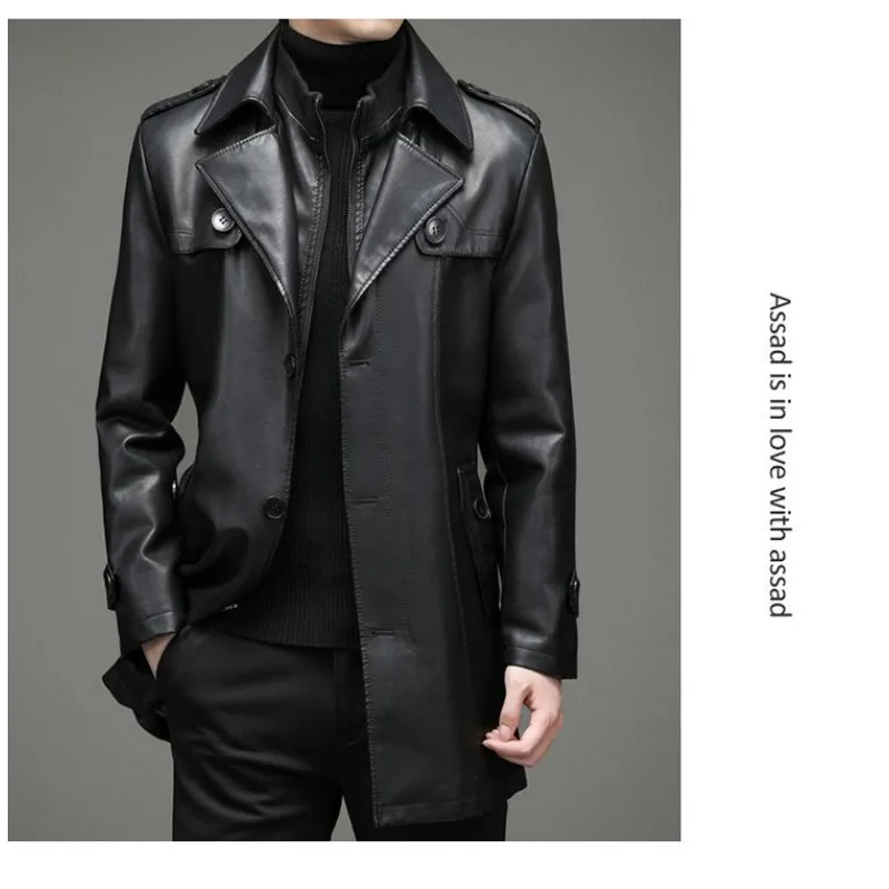 جديد الراقية سترة جلدية الرجال متوسطة وطويلة جلد العجل سترة دعوى الصوف سميكة وسيم خندق معطف جلد طبيعي #4