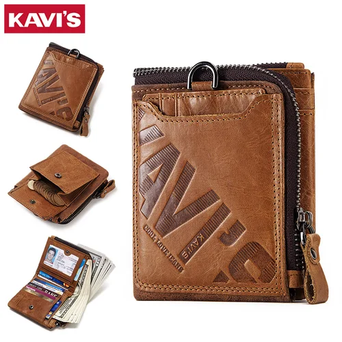 KAVIS Crazy Horse-billetera de cuero para hombre, billetera de viaje de vaquero Vintage, tarjetero, monedero de moda para mujer con tarjetero extensible