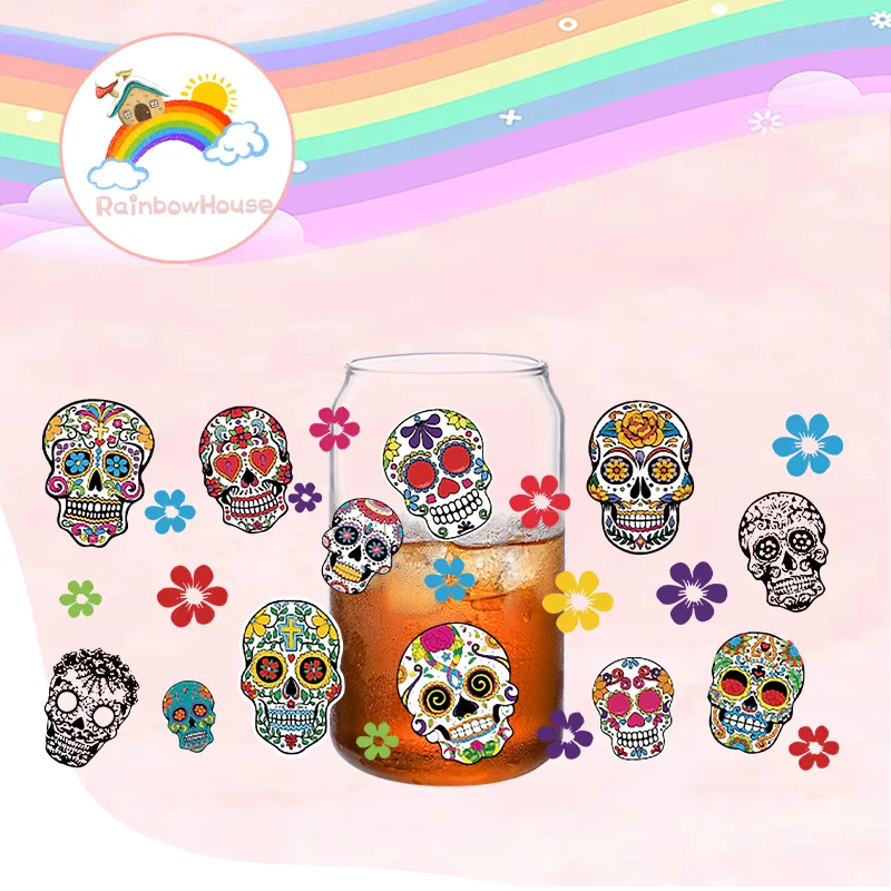 

Хорошее качество, УФ-обертывания для чашек DTF на Хэллоуин, красочные наклейки Mexico с черепом Talavera