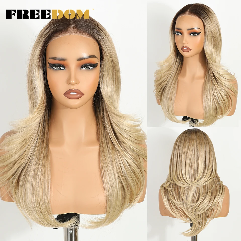 

FREEDOM Synthetic Lace Front Wigs For Women 20" Wavy Ombre Blonde Layered Wig 6X4 Pre Plucked Pre Cut Wear And Go Glueless Wigs