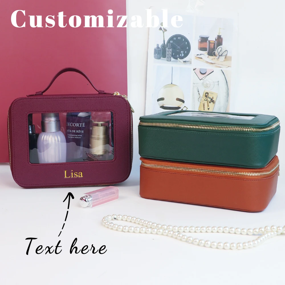 Personalized custom leather makeup bag, waterproof makeup brush storage bag, portable PVC skincare storage bag toiletry bag