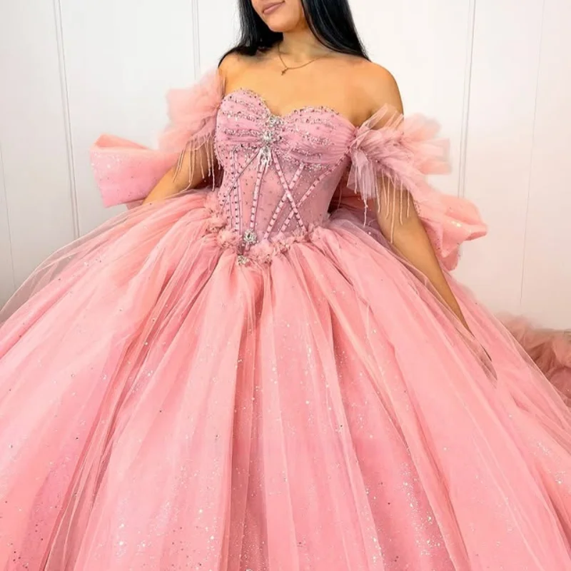 

Pink off the shoulder Quinceanera Dress crystal golden glitter applique layering Lace Bow vestidos de 15 Quinceanera Customized