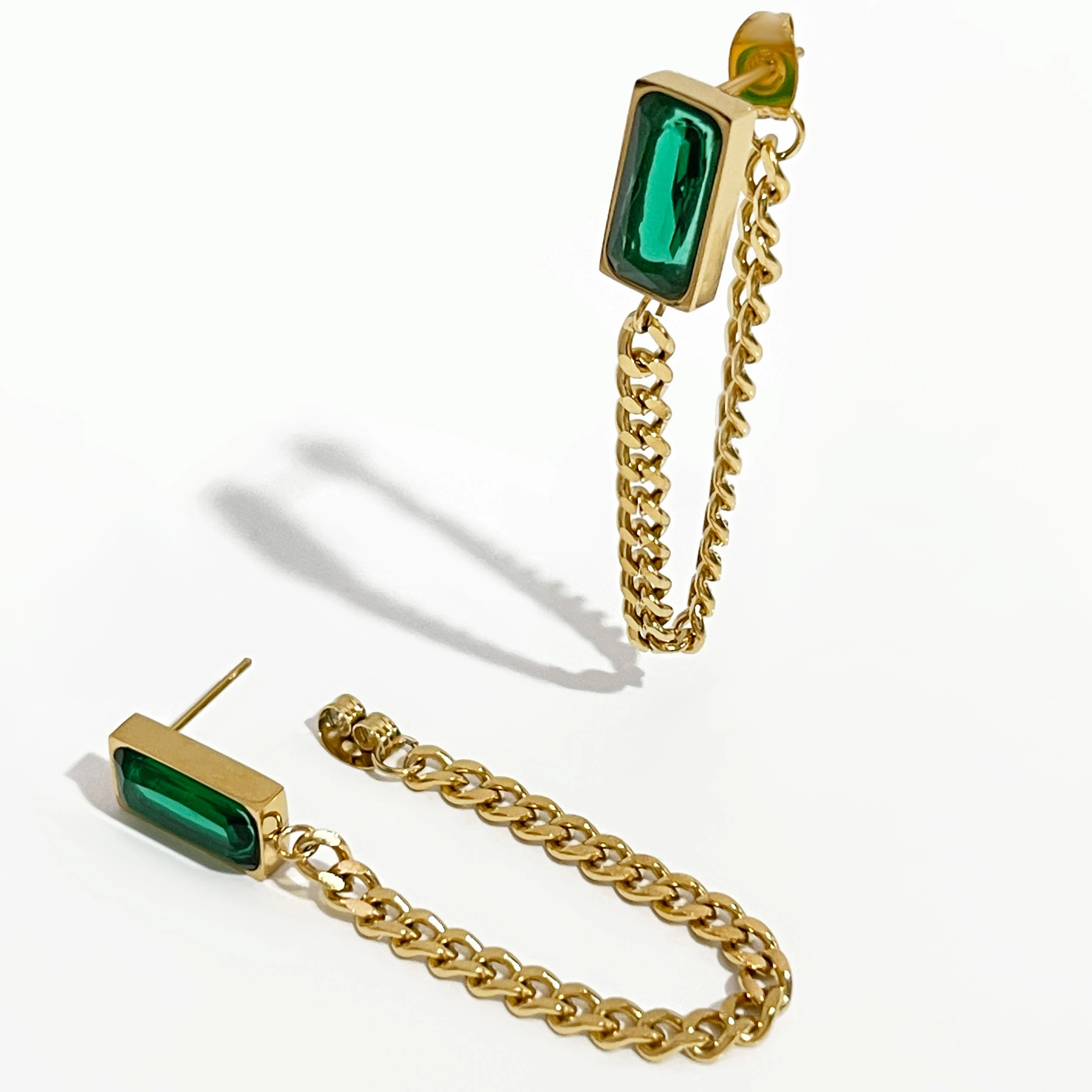 Peri'sBox Green Rectangle Glass Stud Earring Long Twisted  Cuban Chain Earring Vintage Unusual Trendy Earrings For Women Jewelry