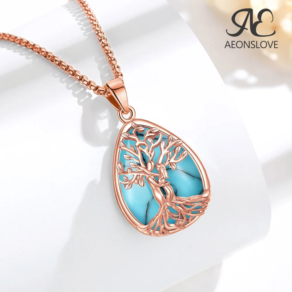 

AEONSLOVE 18K Rose Gold Tree of Life Necklace Healing Stone Water Drop Turquoise Pendant Spiritual Jewelry Birthday Gift for Her