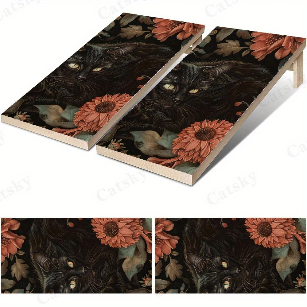 Black Cat with Flowers,Vintage Floral Cat Art,Dark Botanical Illustration,High Value! 2D Flat Vinyl Sandboard Stickers - Bubble-