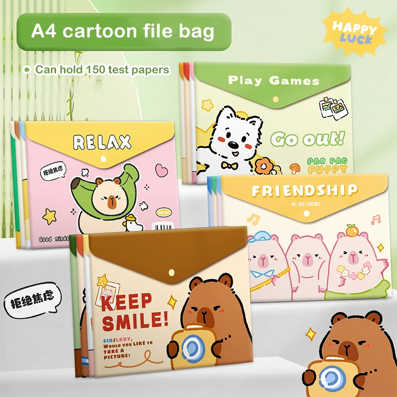 4Pcs Cartoon Capybara File Bag Waterproof Durable Test Paper Storage Bag Office Information File Bag Student Stationery Gifts