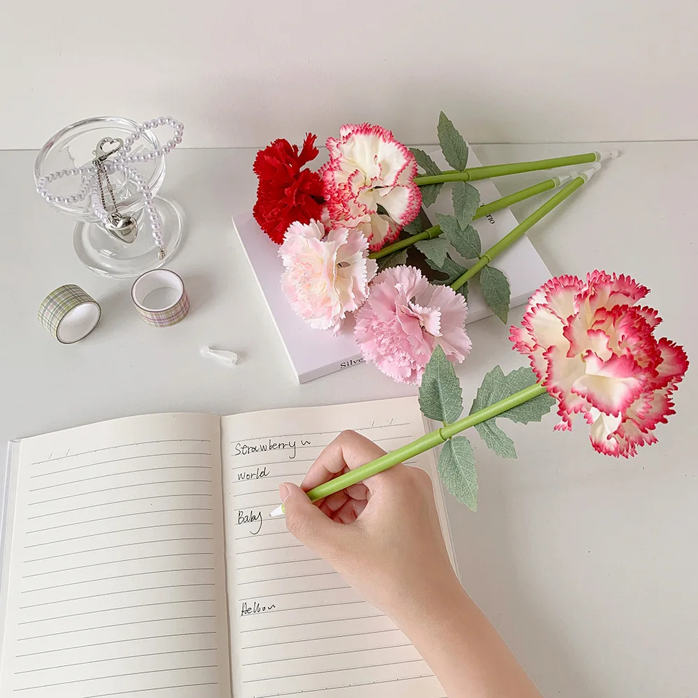 

4Pcs Artificial Flower Flower Ballpoint Pen Carnation Rose Teacher's Day Gift Neutral Gel Pens Sweet Decoration Signature Pen
