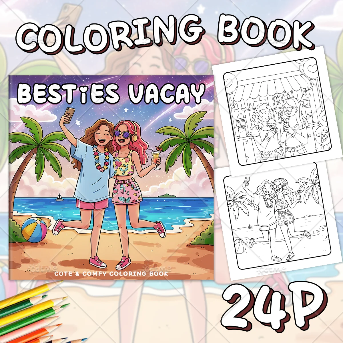 BESTIES VACAY Coloring Book for Adults Featuring Cartoon Bold-easy Patterns for Relaxation Teens DIY Painting Drawing Books