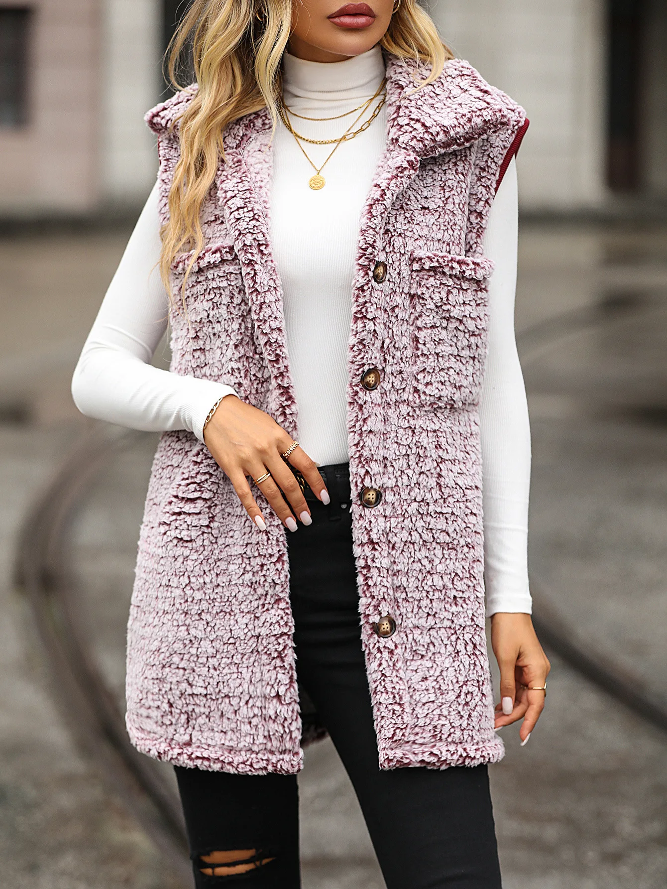 Gilet maglione cardigan seersucker sbiadito casual lungo senza maniche con risvolti autunnali e invernali da donna