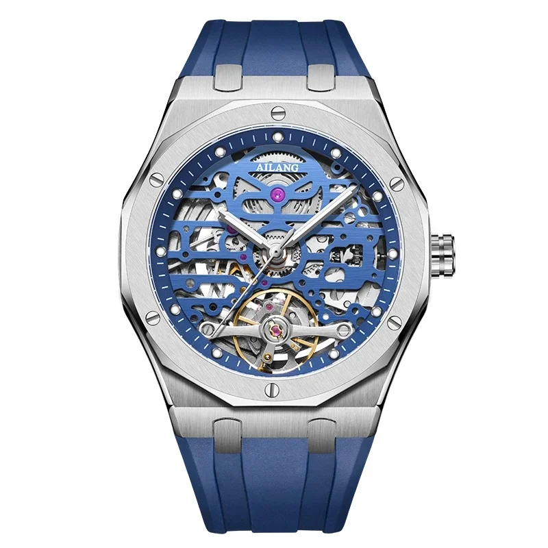 AILANG-8533 Men Automatic Mechanical Watch Octagon Case Skeleton Hollow Dial Rubber Strap Waterproof Sports Wristwatch