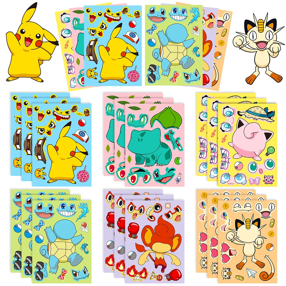 6/12Sheets Kawaii Pikachu Make a Face Puzzle Stickers Cartoon Pokemon Decals DIY Notebook Diary Fridge Assemble Jigsaw Sticker