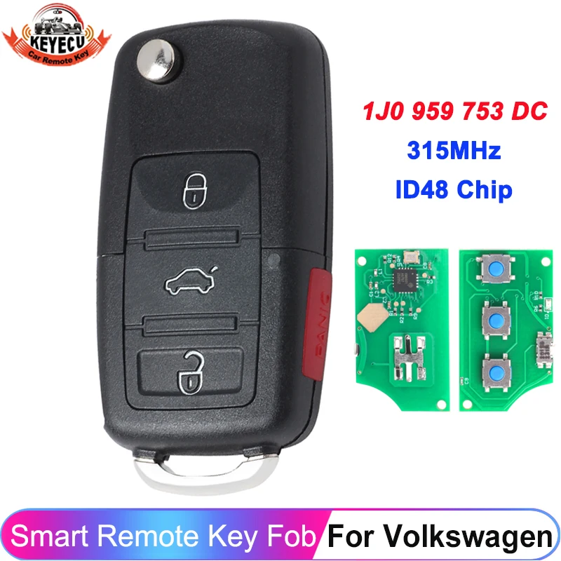 

KEYECU 4 кнопки 1J0 959 753 DC 315 МГц ID48 чип для Volkswagen VW Beetle Jetta GTI Golf Passat Eos 1J 0959753 Дистанционный брелок постоянного тока