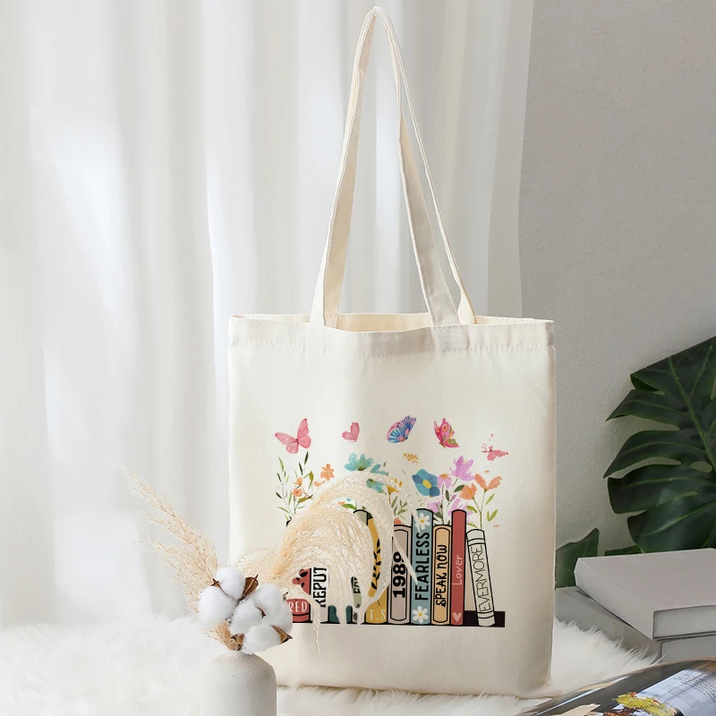 Albums as Books Pattern Tote Bags for Women Canvans Handbag Gilrs Back to School Gifts Ladys Summer Travel Foldable Beach Bag