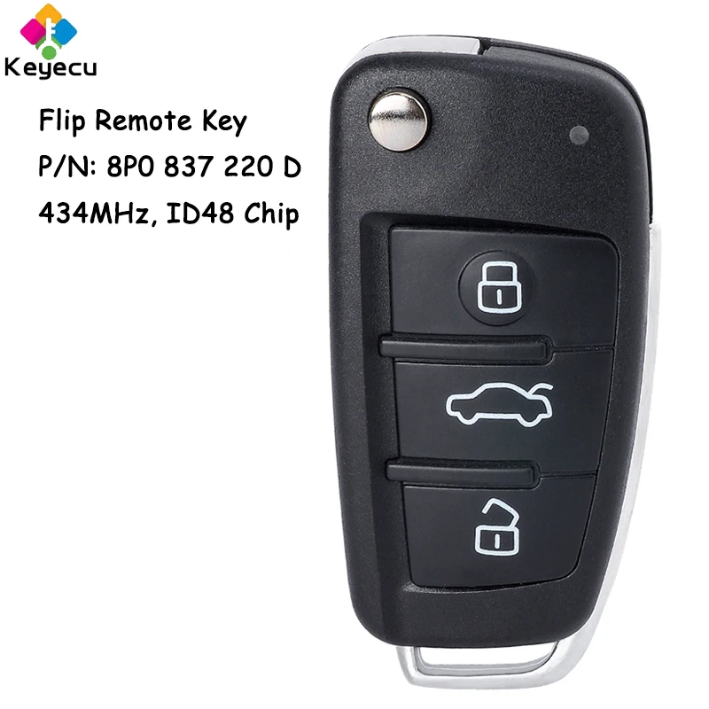 KEYECU Flip Remote Control Car Key With 3 Buttons 434MHz ID48 Chip for Audi A3 S3 A4 S4 TT 2005 - 2013 Fob P/N: 8P0 837 220 D