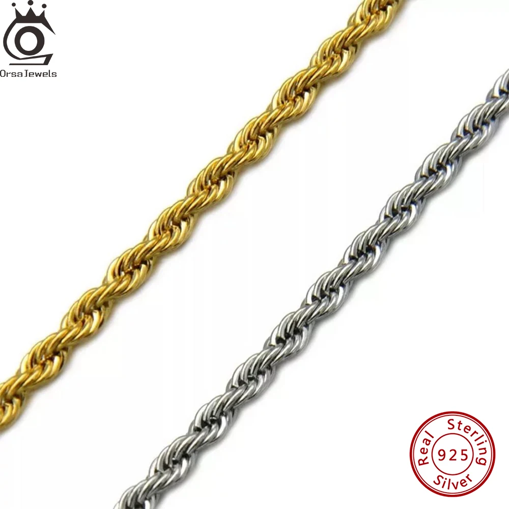 ORSA JEWELS 925 Sterling Silver 3.3mm Width Rope Chain Necklace 18K Gold Rhodium Choker Chain Women Men Thick Rope Chain SC29