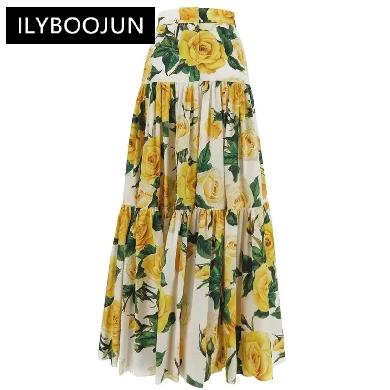 ILYBOOJUN-Jupe longue en coton pour femme, 100% coton, taille haute, jaune, rose, imprimé floral, élégante, fête, créateur de mode, printemps