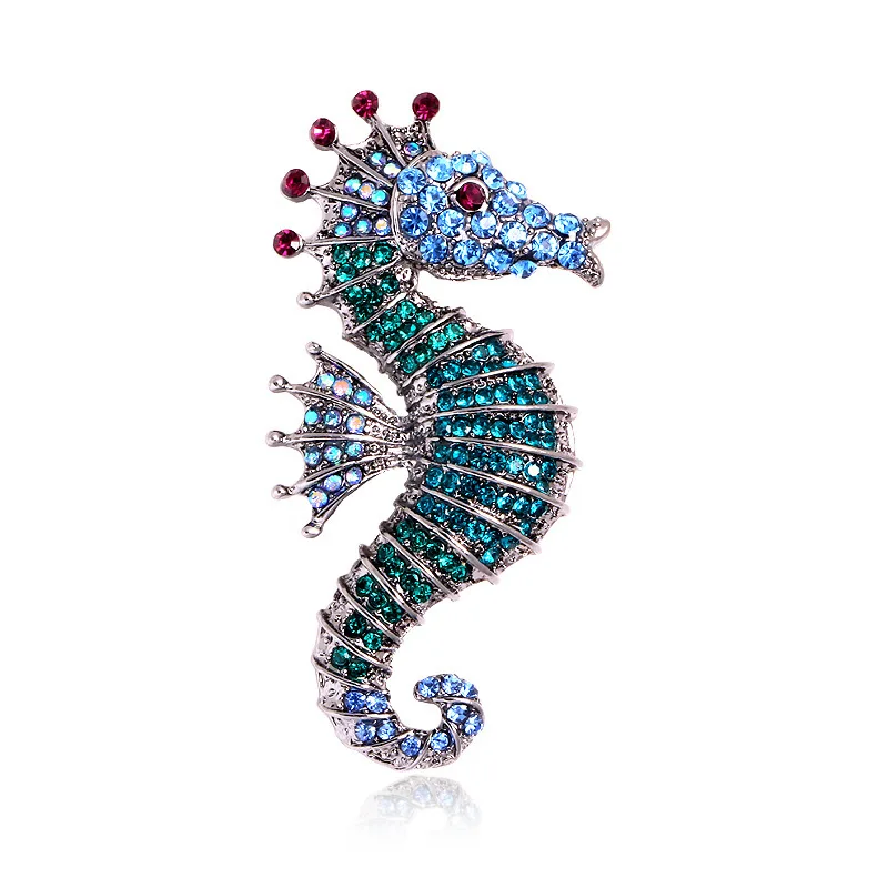 New Glittery Seahorse Brooch Pins Women Full Rhinestone Hippocampus Brooches Classic Animal Badge Jewelry Accessories Gifts