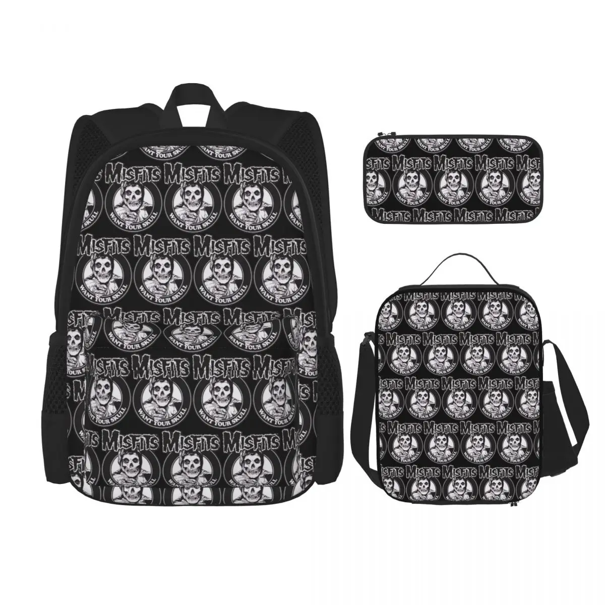 

Рюкзаки Misfits Skull для мальчиков и девочек, школьные сумки для детей, детский рюкзак, сумка для обедов, сумка для ручек, набор из трех предметов