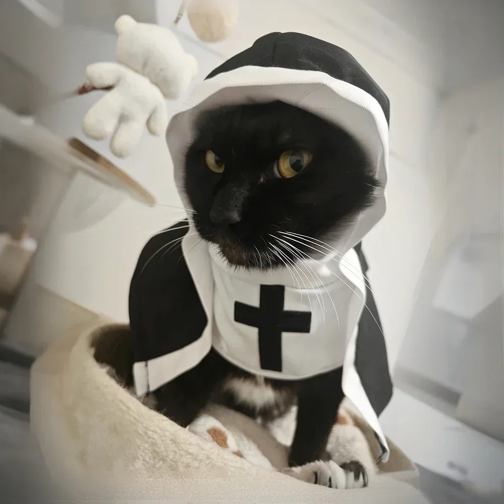Halloween-Katzen-Nun-Kostüm, Jesus-Kreuz-Muster, Katzenkleidung für kleine Hunde, lustiges, süßes Kostüm für Partys, Overall für Haustiere, Katzenaccessoires. – Detail 7