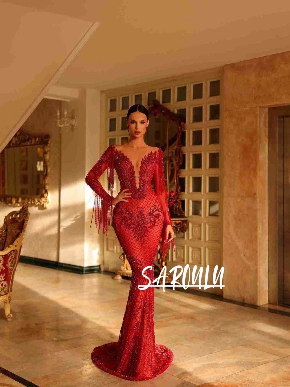 

Red Tassel Exclusive Evening Dress Customized Sexy Deep V Neck Mermaid Prom Gown Showstopper Delicate Dazzling Cocktail Wear