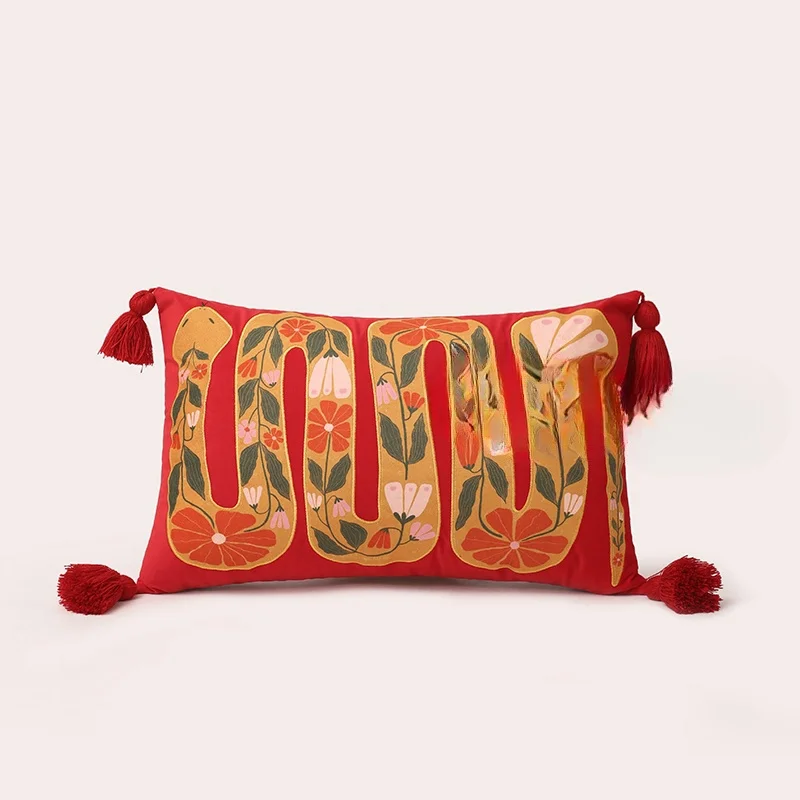 Snake Pillows Flora Red Cushion Case Embroidery Decorative Pillow Cover For Sofa 35x55 Art Living Room Home Decoration
