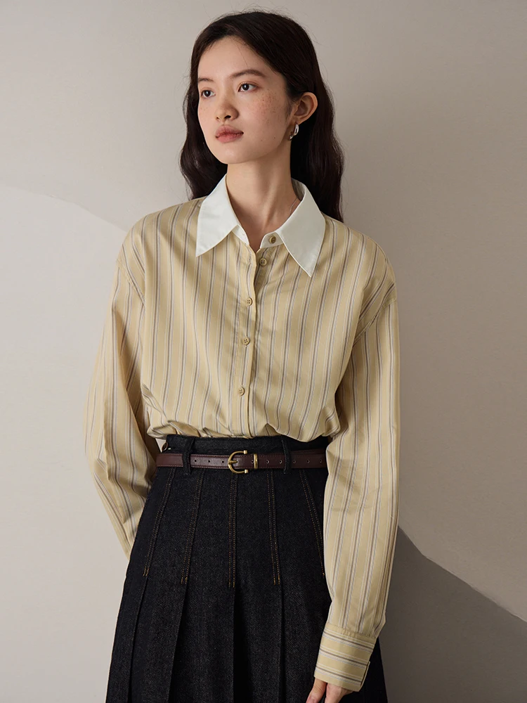 ZIQIAO Cozy Style Loose Design Striped Shirt for Women Autumn New Contrast Color Small Lapel Commuter Sense Top Shirts Female