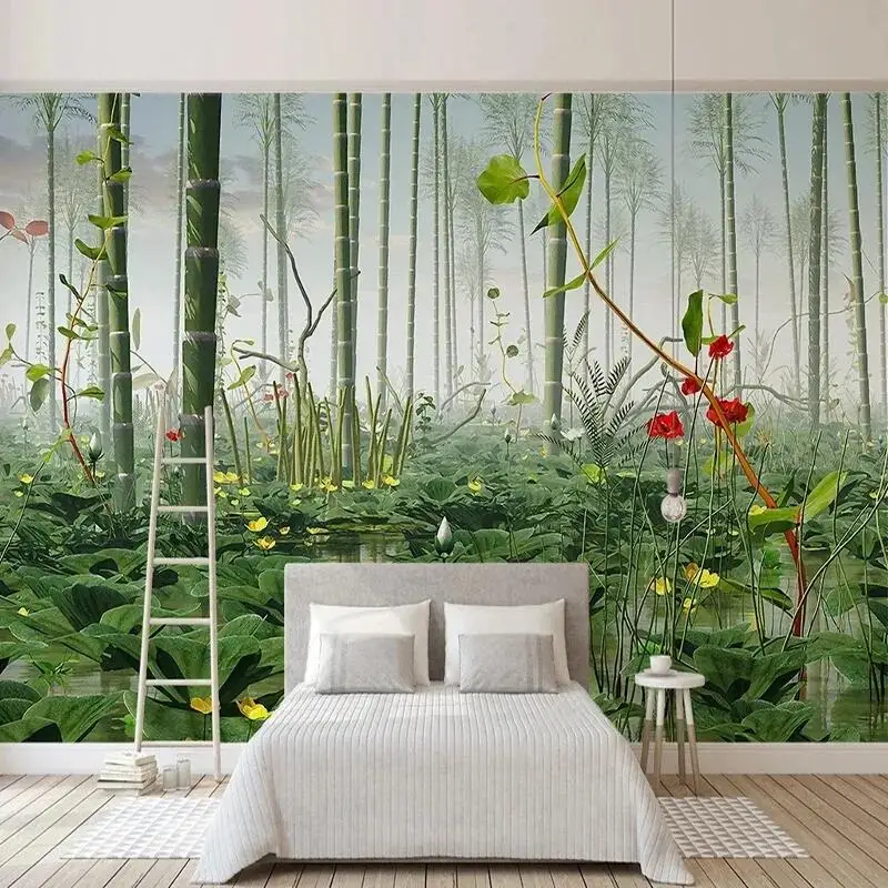 Custom 3D Chinese Style Lotus Bamboo Forest Landscape Wallpaper Mural for Living Room Bedroom Background Wall Decor