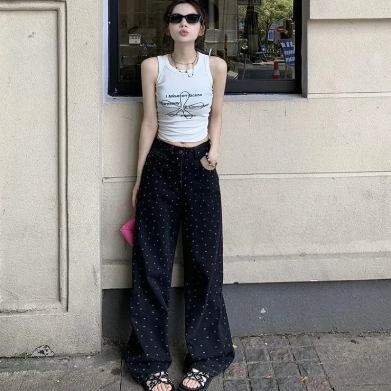 

2025 Autumn New Retro Fashion Printed Jeans Women's High Waist Slim Loose Wide Leg Floor Dragging Pants Female Cltohing