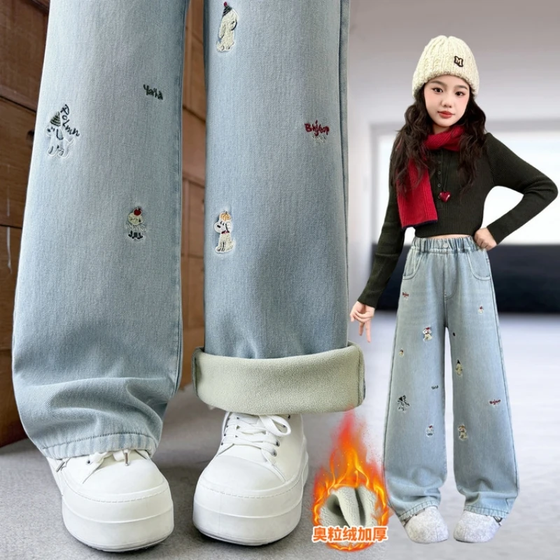 جينز جينز مطرز برسوم كارتونية للفتيات المراهقات، سروال مستقيم من قماش الدنيم مبطن بالصوف، سروال طويل من قماش الدنيم العتيق المغسول لفصل الشتاء #4