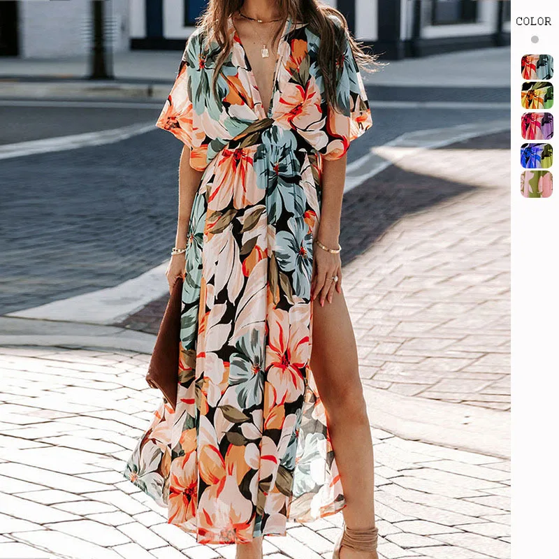 

FIGOHR Summer Women's Beach Style Sexy Deep V-Neck Loose Batwing-Sleeve Long Dress Female Casual Sexy High Rise Side Slit Dress